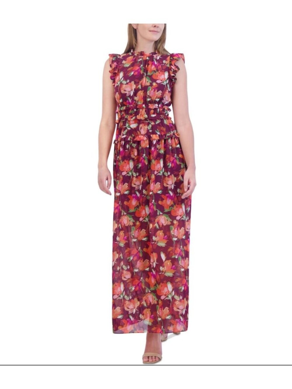 Vince Camuto Women's Ruffled Floral Chiffon Maxi Dress in a wine multi floral 10